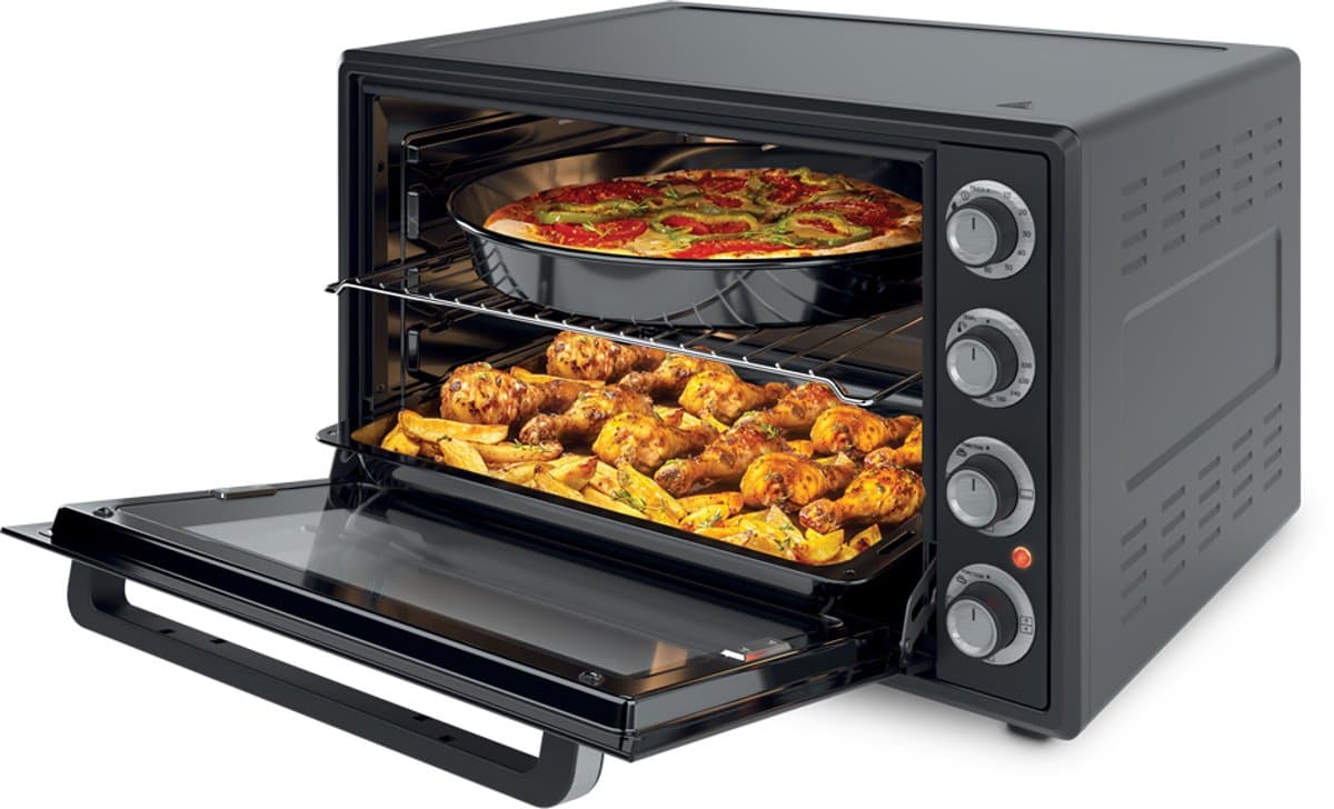 Nocta hetelucht oven 70 liter elektrisch vrijstaand zwart 2000 watt met ontdooi functie timer binnenverlichting accessoires dubbel glas CE gecertificeerd