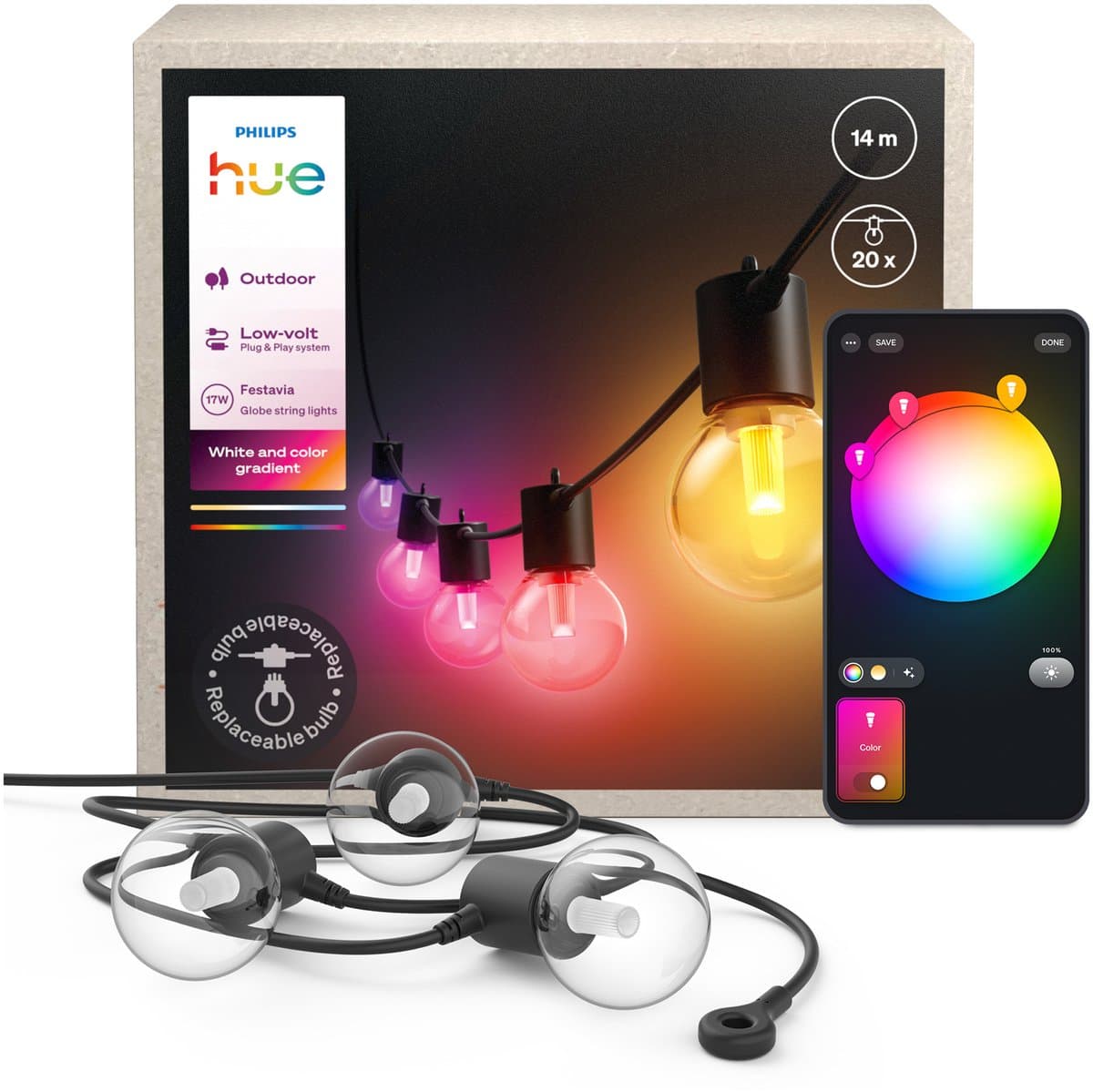 Philips Hue Festavia outdoor lichtsnoer met onbreekbare globe-lampen, wit en gekleurd licht – 14 meter – 20 lampen