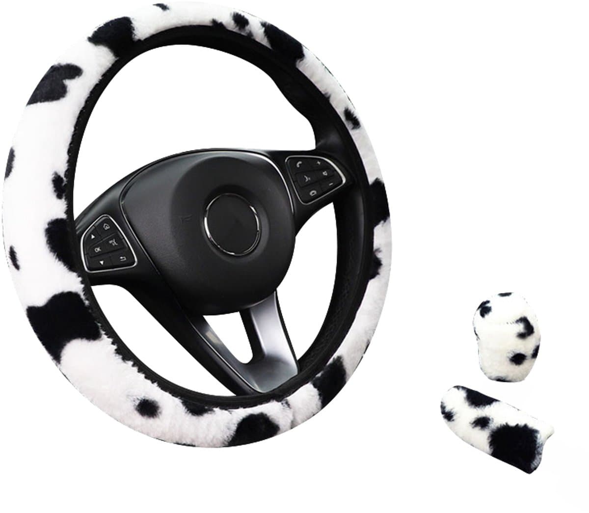 Stuurhoes Auto Set 37-39 cm - Pluche Koeienprint - 3-delig - Kasey Products