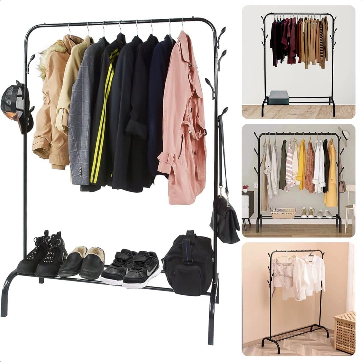 Garderoberek met Kapstok en Schoenenrek - Metalen Kledingrek - 110x40x150 cm - Zwart - Met Haken - Opbergruimte voor Schoenen - Inclusief EBOOK