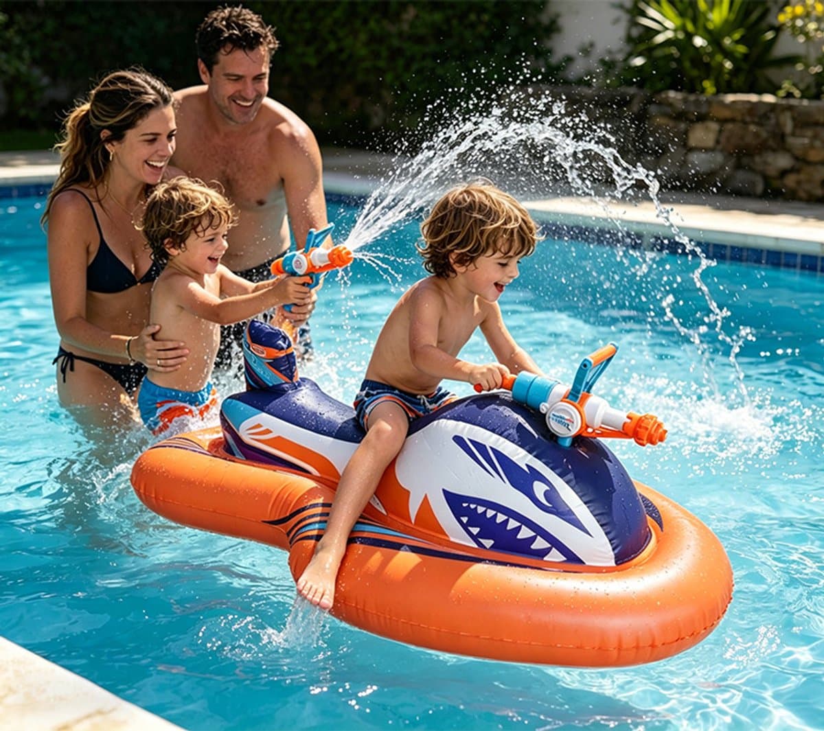 Opblaasbare jetski-zwemband voor kinderen met ingebouwd waterpistool – opblaasbaar waterspeelgoed om op te zitten voor zwembad, strand of meer – ideaal voor zomerse waterfeestjes – geschikt voor jongens en meisjes van 3 tot 10 jaar.