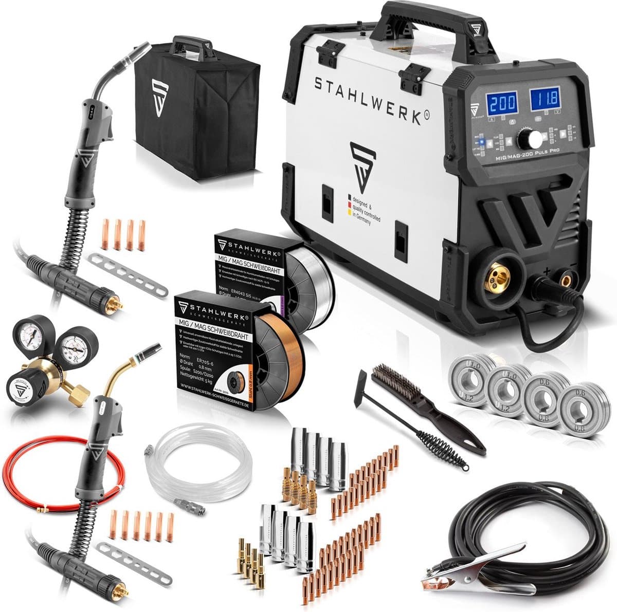 STAHLWERK MIG MAG 200 Puls Pro IGBT inert gas lasapparaat compleet uitgerust Volledig synergisch 5 in 1 combinatie apparaat met echt 200 ampère inclusief AK25/MB25 aluminium lastoorts, draadaanvoerrollen en slijtdelen set voor aluminium lassen