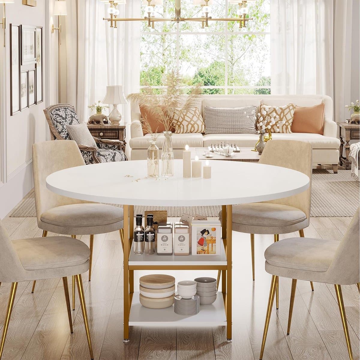 Tribesigns Eettafel Rond - 120cm Ronde Tafel - Wit en Goud - Boerderijkeukentafel met Metalen Onderstel - Moderne Kleine Eettafel van Massief Hout voor Eetkamer, Keuken, Woonkamer