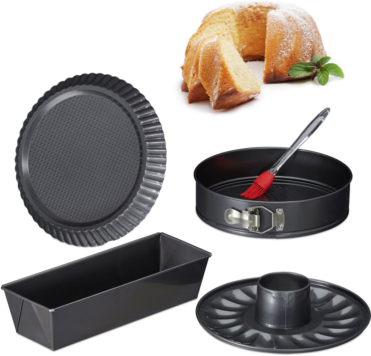 bakvorm set 5-delig - springvorm met bodem - cakevorm - quichevorm - kwastje