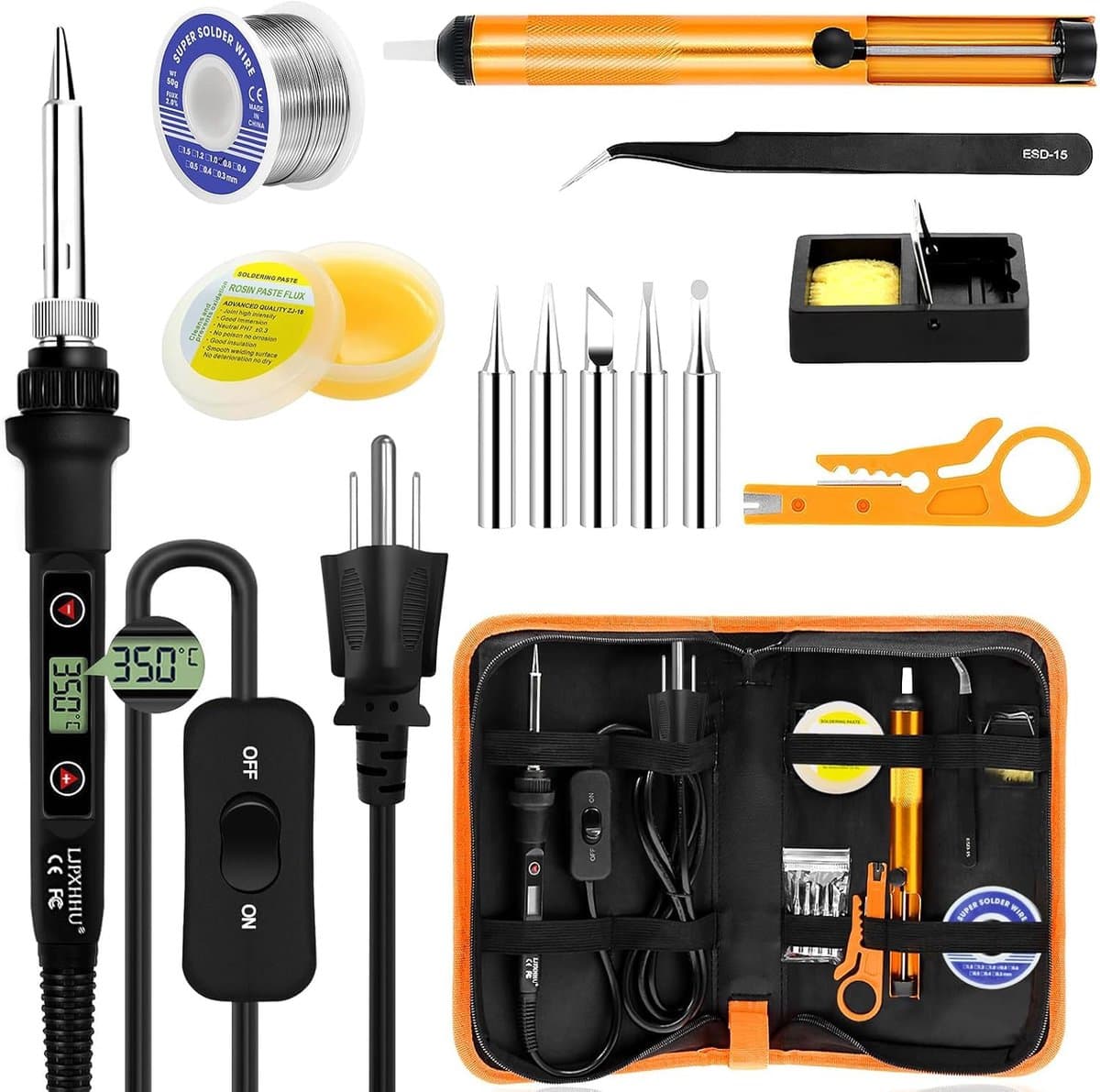 Soldeerbout Set 13-delig – Regelbare temperatuur 180-520°C – Inclusief verwisselbare tips, desoldeerpomp & opbergetui – Voor solderen en houtbranden - Thuisgebruik - Adapter - Houtbrander