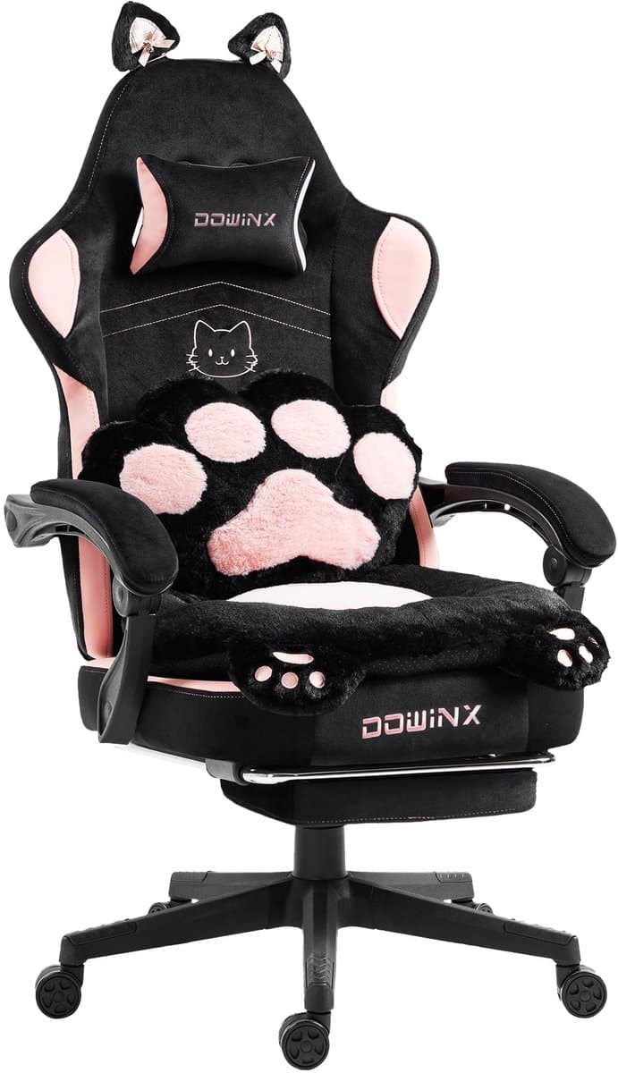 Gaming Stoel Ergonomisch met Voetsteun – Vleugelloze Zit – Verstelbare Rugleuning – Zachte Stof – Roze-zwart – Voor Gaming, Werk en Studie – Middelgroot Pocketveren Zitkussen