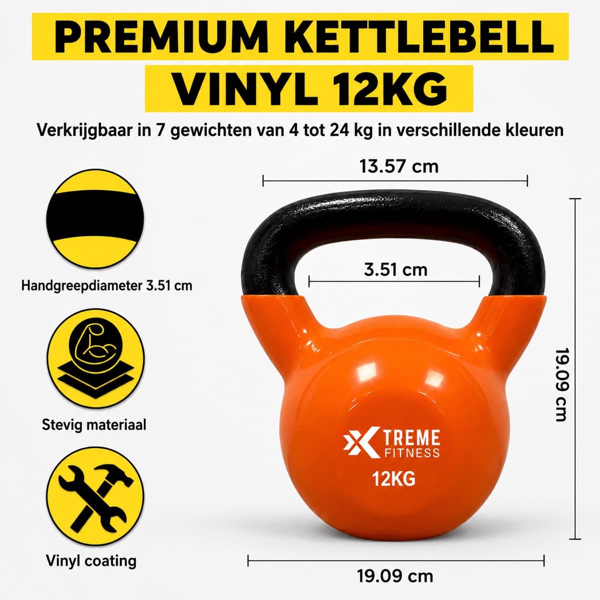 Xtreme Fitness Kettlebell Vinyl 12kg - Vinyl Kettlebell voor Krachttraining - Ergonomische & Brede Handgreep - Gewichten - Geschikt voor CrossFit & Fitness - Conditietraining - Fitness gewichten
