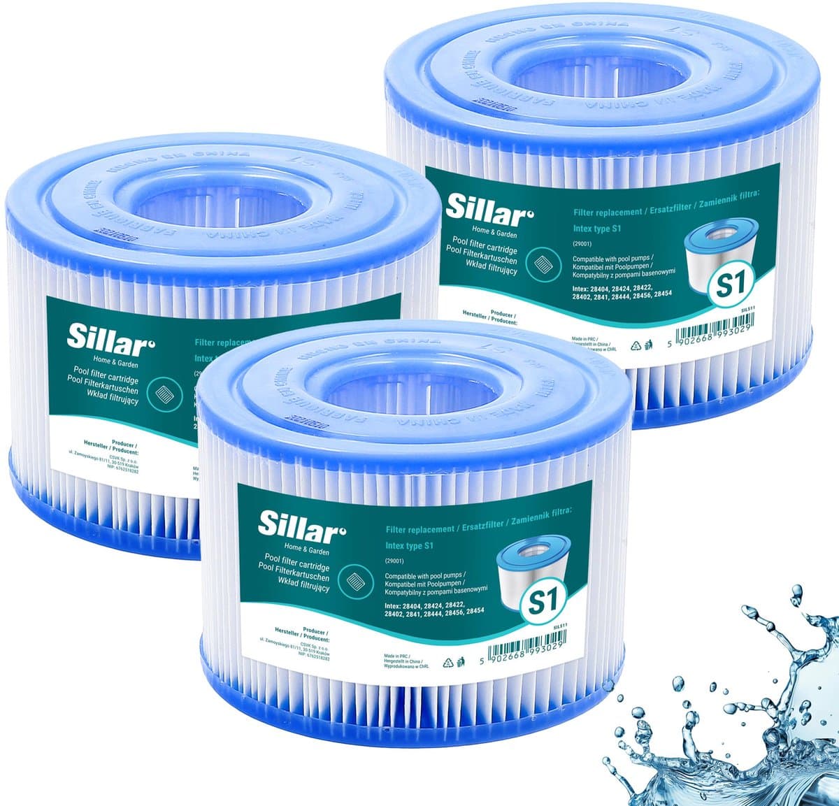 Sillar 3x Filter cartridges voor zwembadpompen - zwembadfilter - voor zwembad, jacuzzi - vervangingsfilter Intex 28404 28424 28422 29001
