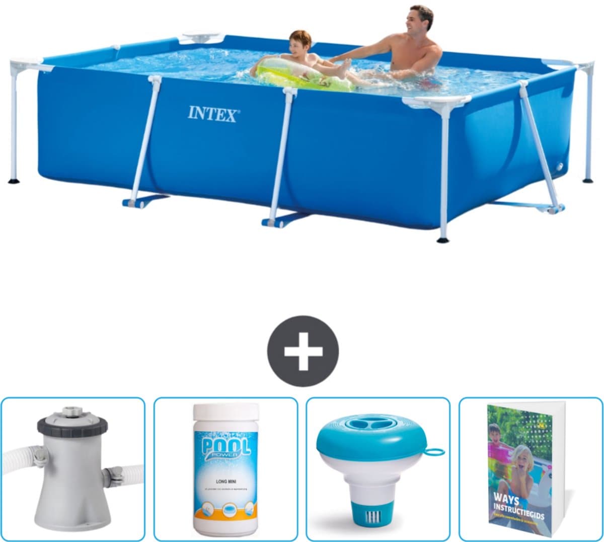 Intex Rechthoekig Frame Zwembad - 260 x 160 x 65 cm - Blauw - Inclusief Zwembadfilterpomp - Chloor - Chloordrijver - Zwembadgids