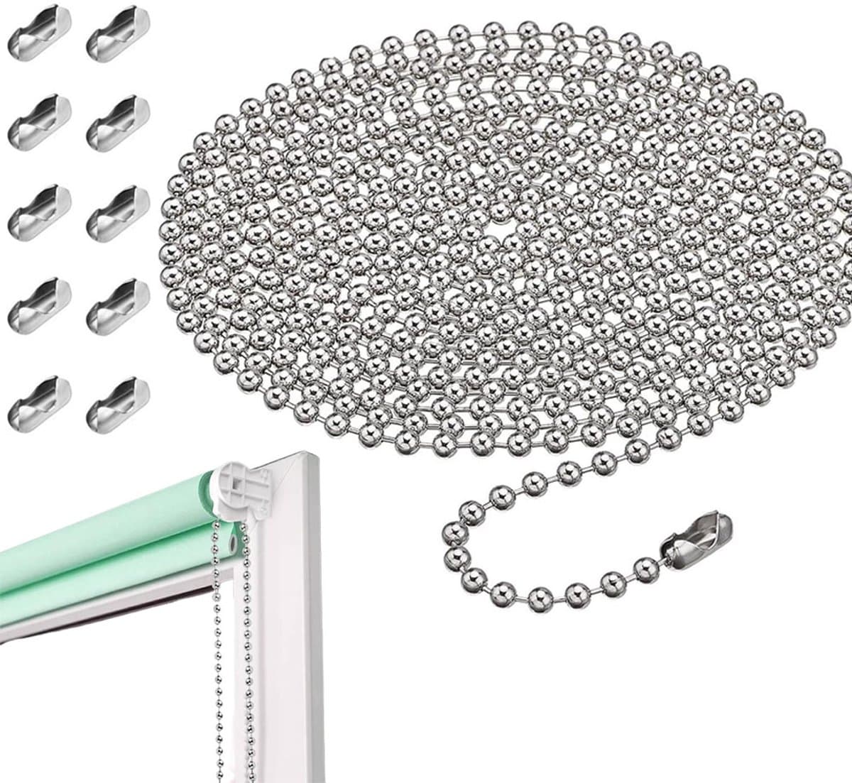 Vouwgordijn Ketting - Rolgordijn Ketting - Optrekgordijnketting Zilver - 3m - Gordijnketting - met 10 Clips Voor Rolkettingen - RVS - Duurzaam - Niet Gemakkelijk te Breken - Reserveketting Rolgordijn - 4.5*6mm - Voor Rol, Romeins, Jaloeziefittingen