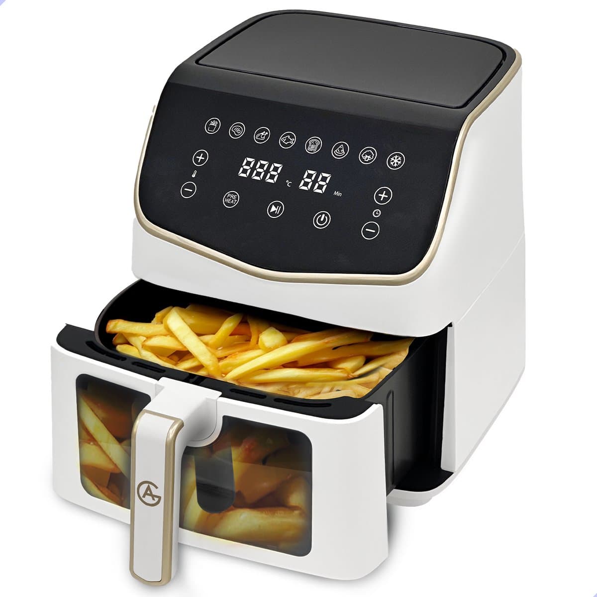 AG Airfryer XXL Premium - Wit- Luchtfriteuse - Anti-aanbak - Tot 8 personen- Vaatwasserbestendig - Met Receptenboek - Extreem Stil- Snelkooktechnologie - Digitaal Display - Tot 200°C - 8 Voorgeprogrammeerde standen. 7.5L