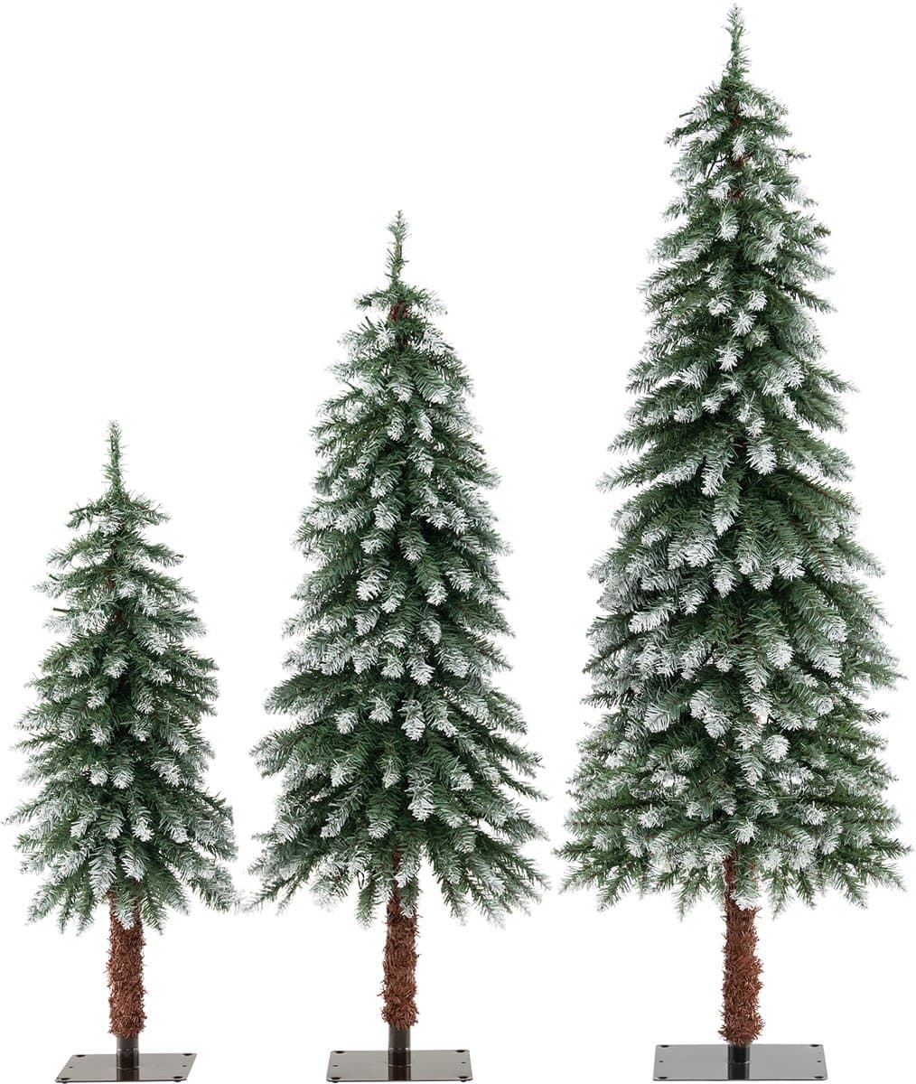 COSTWAY Kunstkerstboom, 3-delig, 90 + 120 + 150 cm, Kerstboom met sneeuw en warm witte ledlampen, smalle dennenboom met metalen standaard, besneeuwde Kunstboom, pvc-naalden, groen