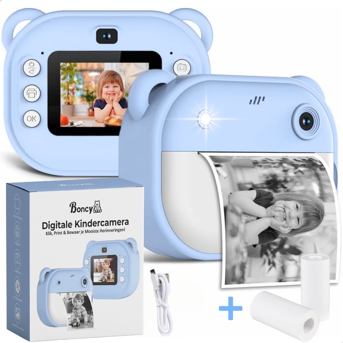 Boncy® Digitale Kindercamera met Foto Printer - Instant Print Kinder Camera - Fototoestel voor Kinderen Jongens & Meisjes - Digitaal Kindercamera's Speelgoed - Fotoprinter Speelgoedcamera Pocket Printer Blauw