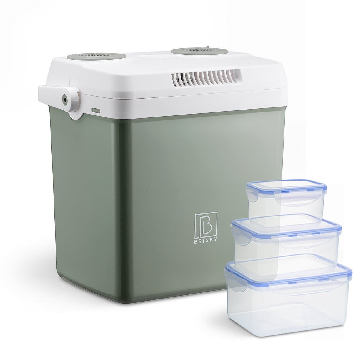 Brisby 25 Liter Elektrische Koelbox, Frigobox Deluxe met 12V, 220/230 Volt Aansluiting voor Auto en Camping – AC/DC - Coolbox - Divider en Deksel vergrendelstand - GROEN