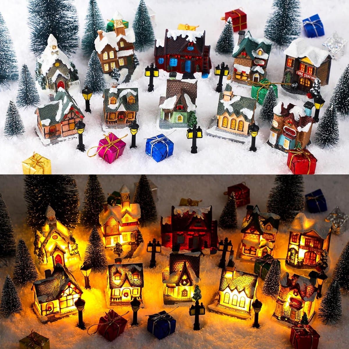 48 Delen Verlichte Kerstdorp Set: Miniatuur Huisjes, Kerstbomen en Sneeuwkleed voor DIY Kerstdecoratie