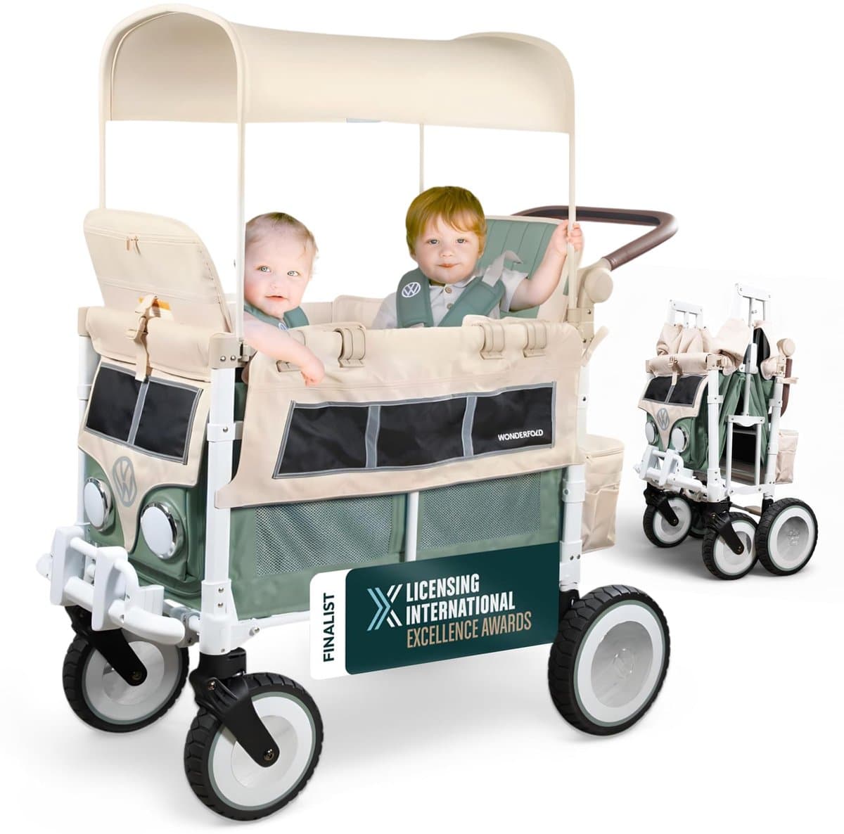 WonderFold VW2 Bolderkar - Kinderwagen met 2 zitplaatsen - Opvouwbaar - Groen - (Draagvermogen tot 90kg)