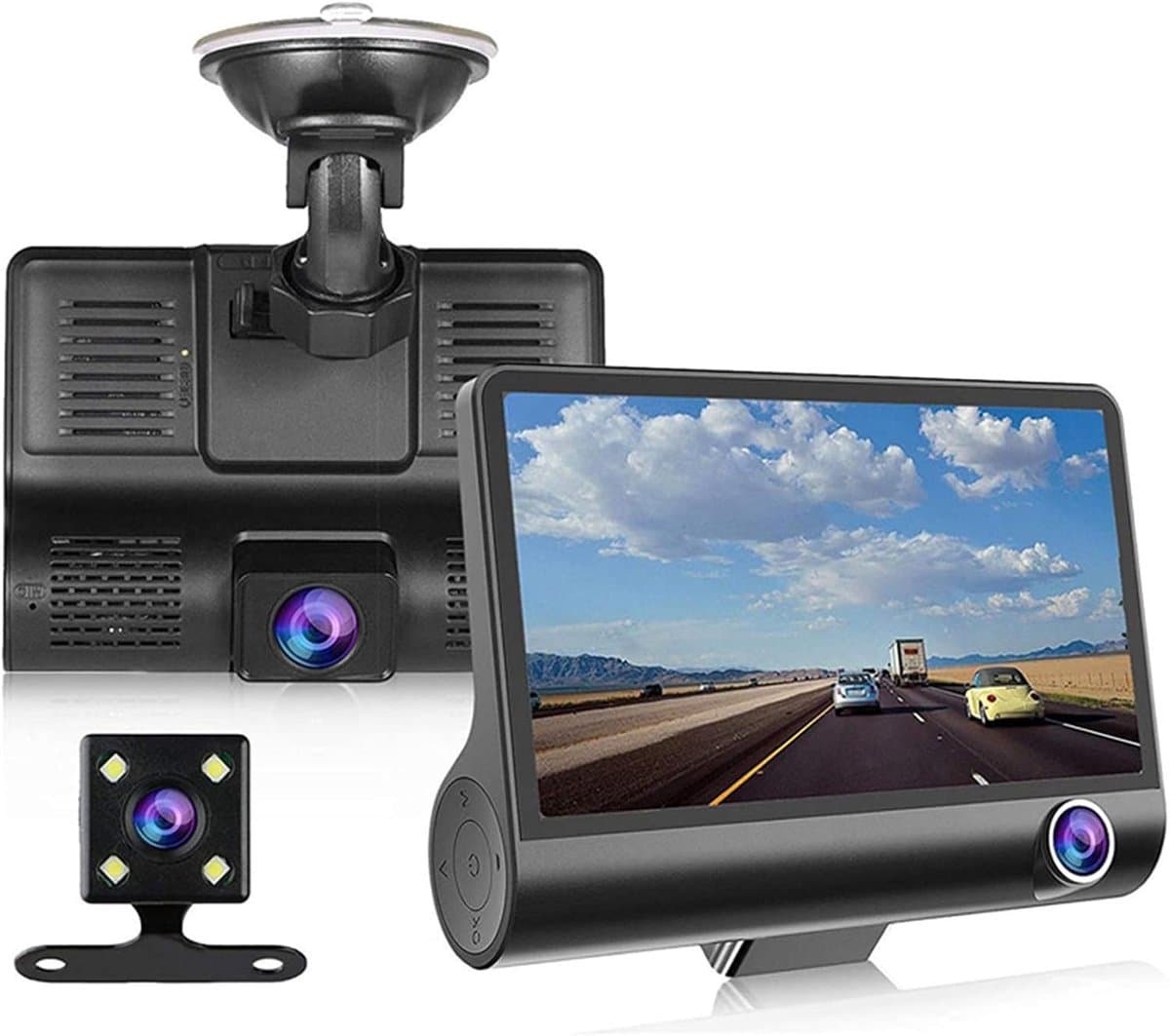 4-inch dashcam voor in de auto met drie lenzen en nachtzicht in hoge resolutie
