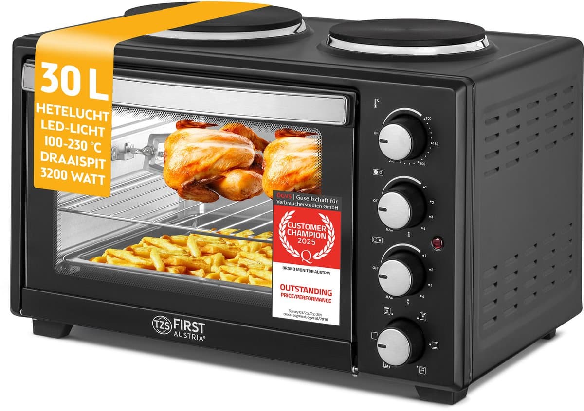TZS First Austria Vrijstaande Oven 30L - Convectie mini oven met kookplaten - 3200W - max 230°C