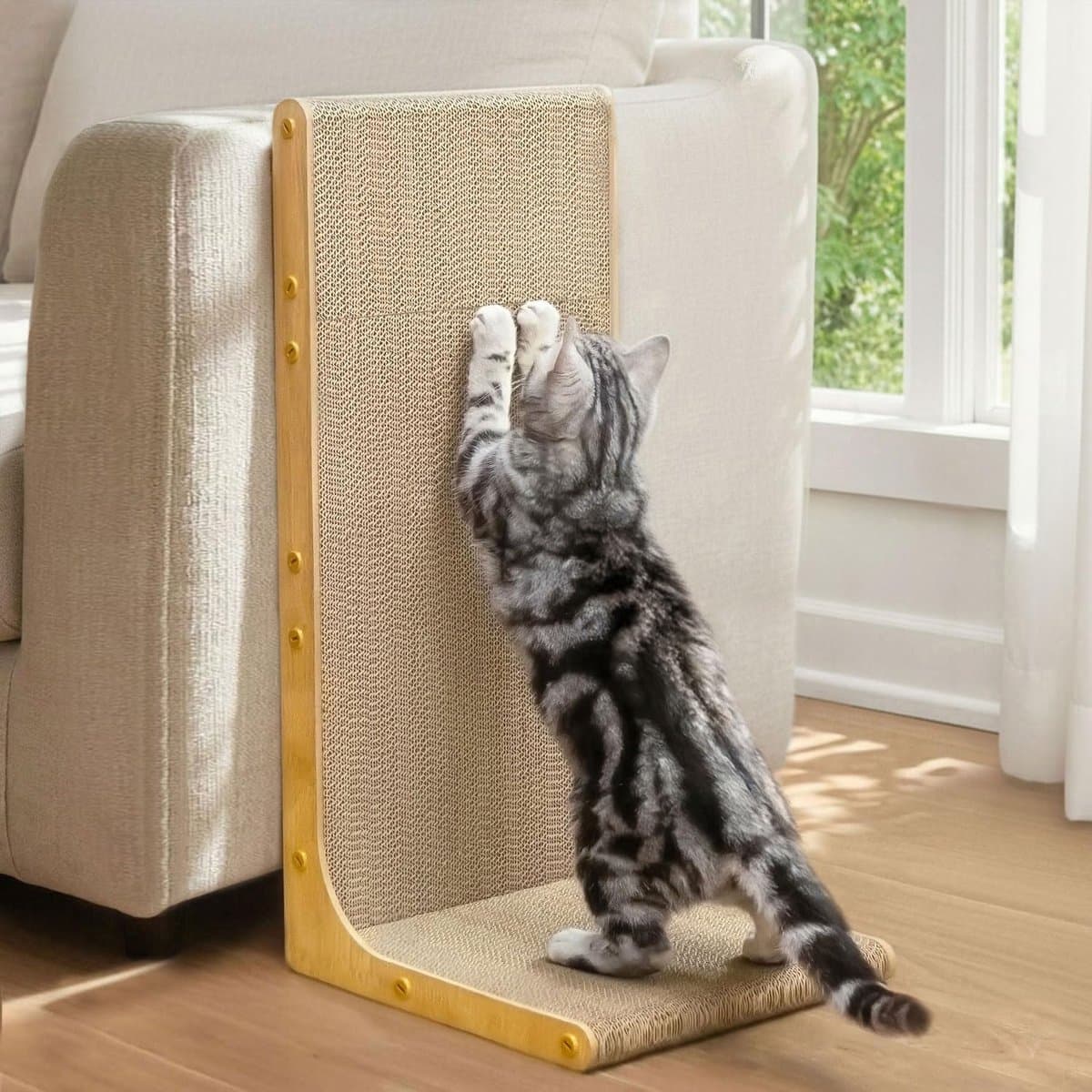 Krabpaal voor katten, 58 cm, L-vorm, wandmontage, verticale krabplaat, duurzaam karton ter bescherming van kattenmeubels binnenshuis, groot, houteffect