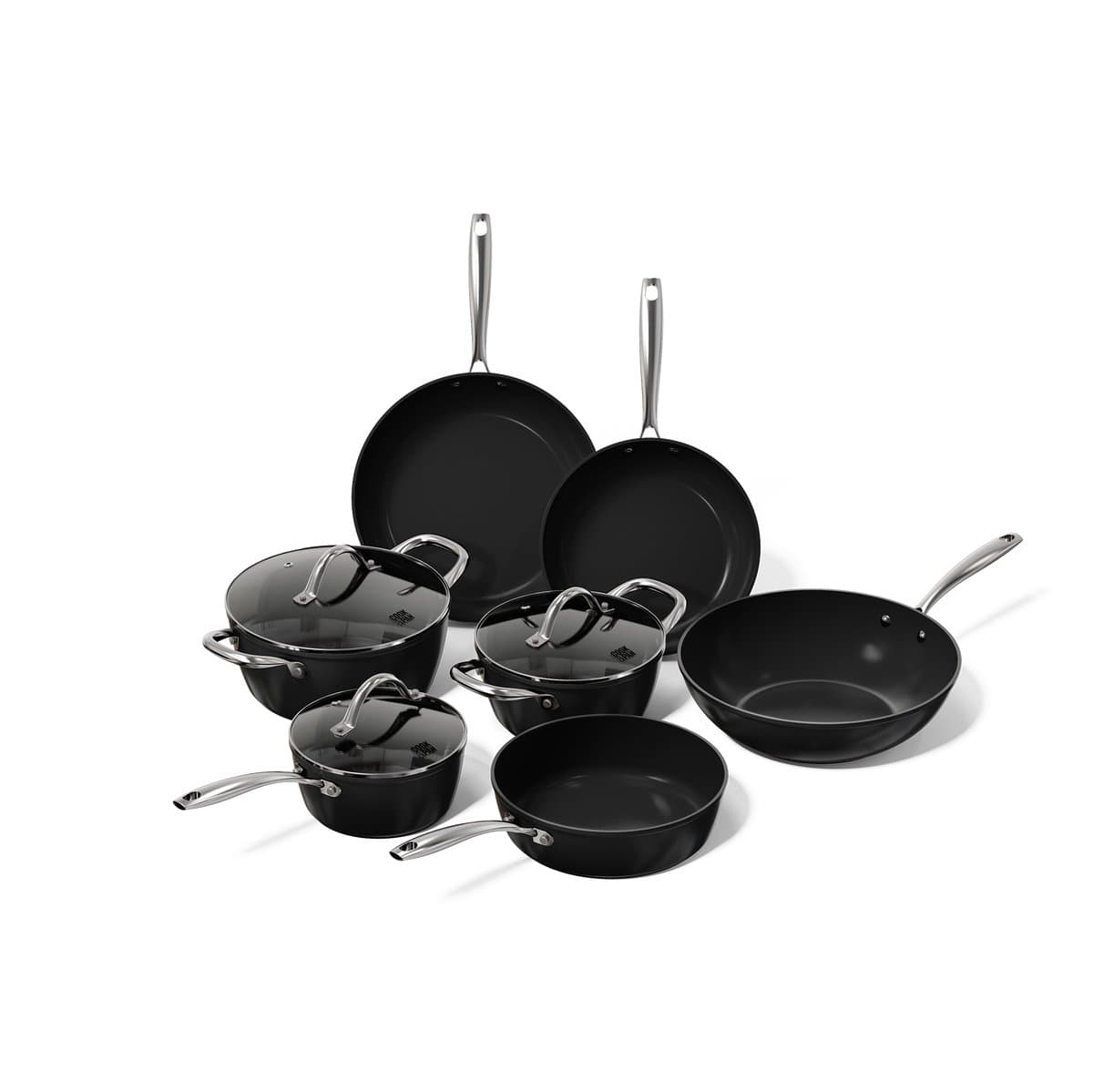 Cook & Pan 7-Delige Pannenset Zwart - PFAS vrij - Alle Warmtebronnen - Pannen Set met 7 jaar Garantie - Krasbestendige Anti Aanbaklaag - Vaatwasserbestendig - Gas, Inductie, Elektrisch, Oven - Koekenpan, Wokpan, Steelpan, Hapjespan, Kookpot