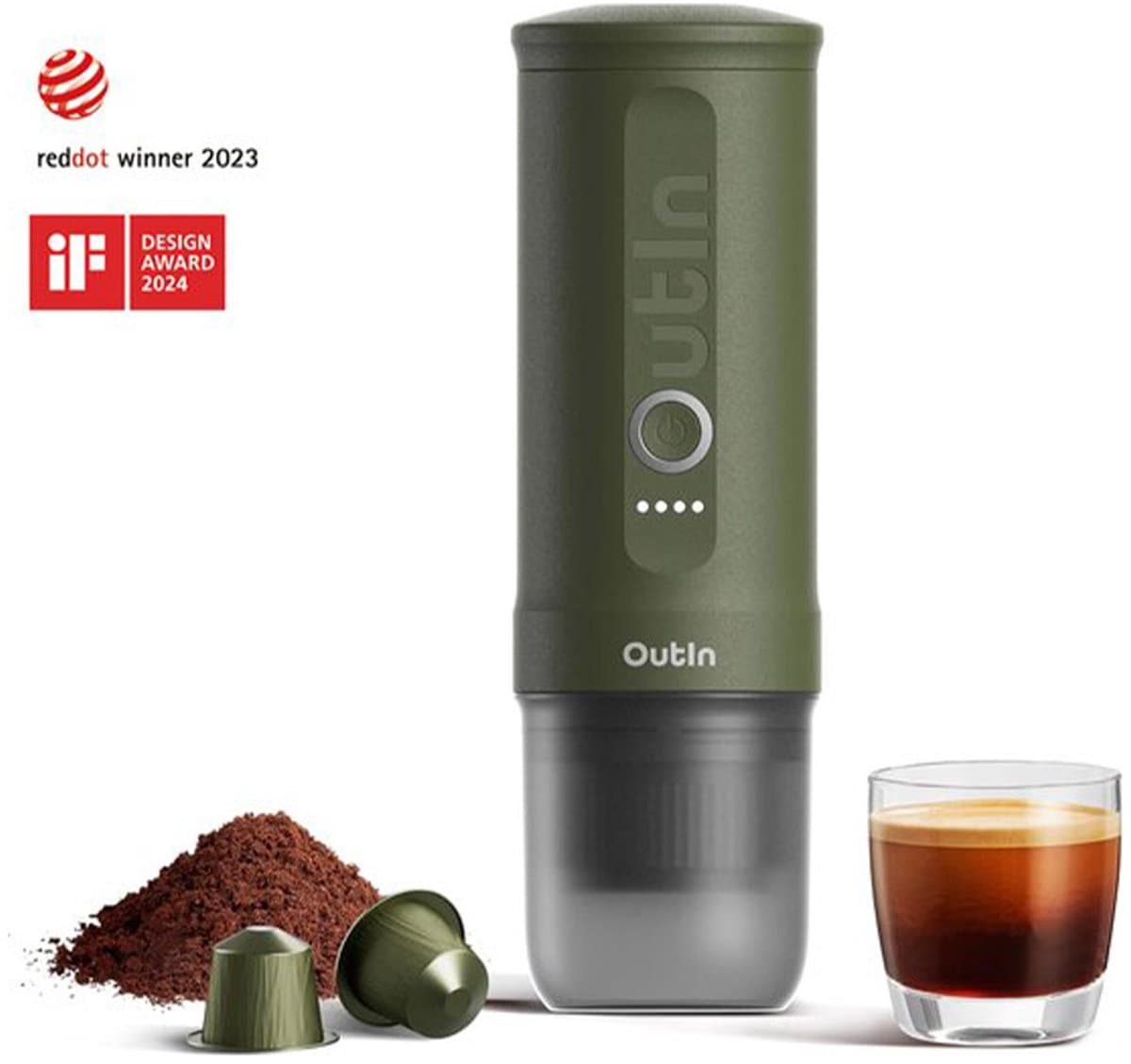 Outin - Draagbare Elektrische Espressomachine | Koffiezet apparaat voor Onderweg | Capsules & Gemalen Koffie | Portable Espresso Machine | Snelle Waterverwarming | 20 bar | Draagbare Koffiemachine | Reis & Camping Koffiezetapparaat | 12 volt
