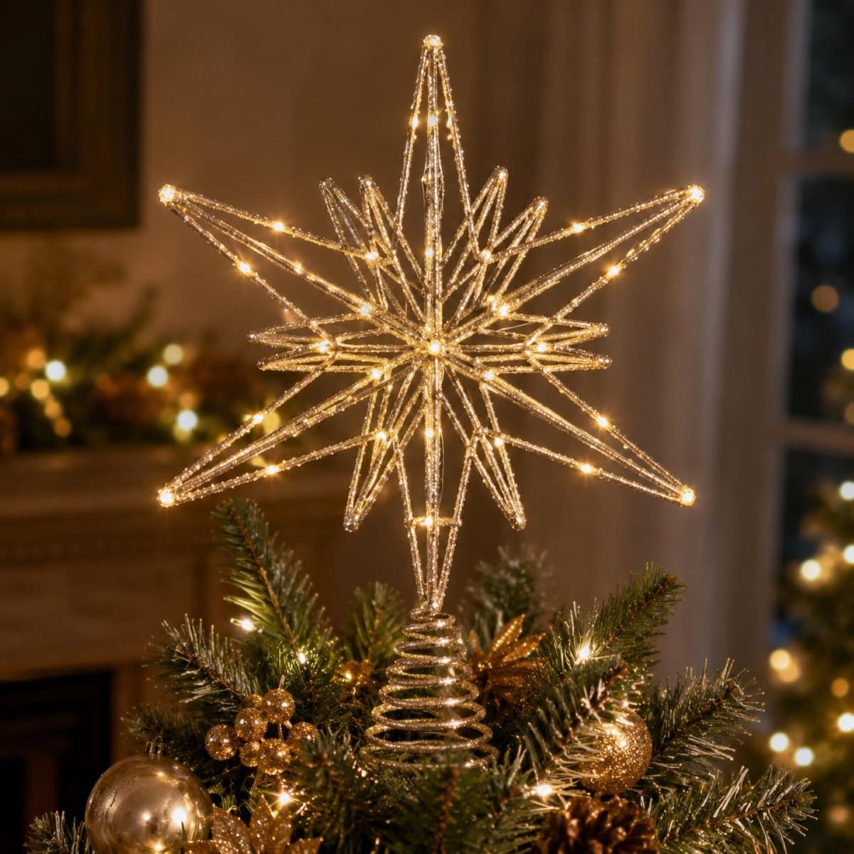 Verlichte kerstboompiek ster - champagne goud - 33 cm - 20 LED lampjes - warm wit licht