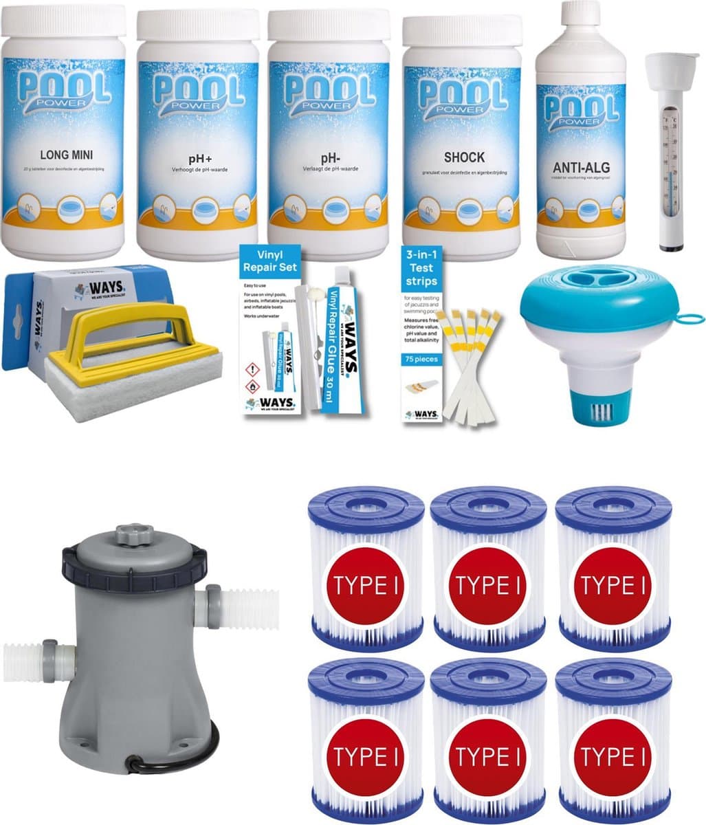 WAYS - Zwembad Onderhoud - Pakket Medium Deluxe & Filterpomp 1249 L/h & 6 Filters Type I