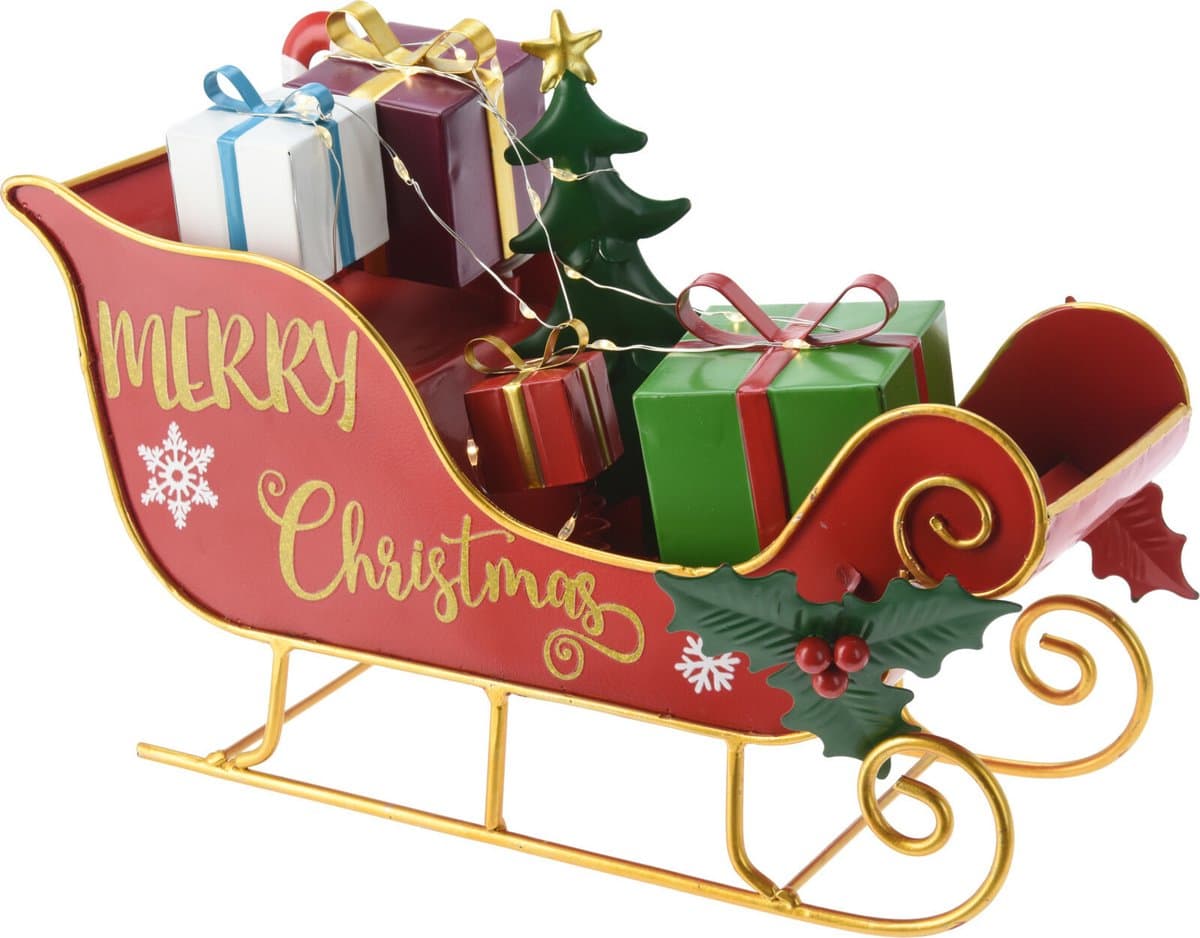 Kerstman slee - decoratie figuur/beeld - 27 x 10 x 20 cm - met LED verlichting - metaal