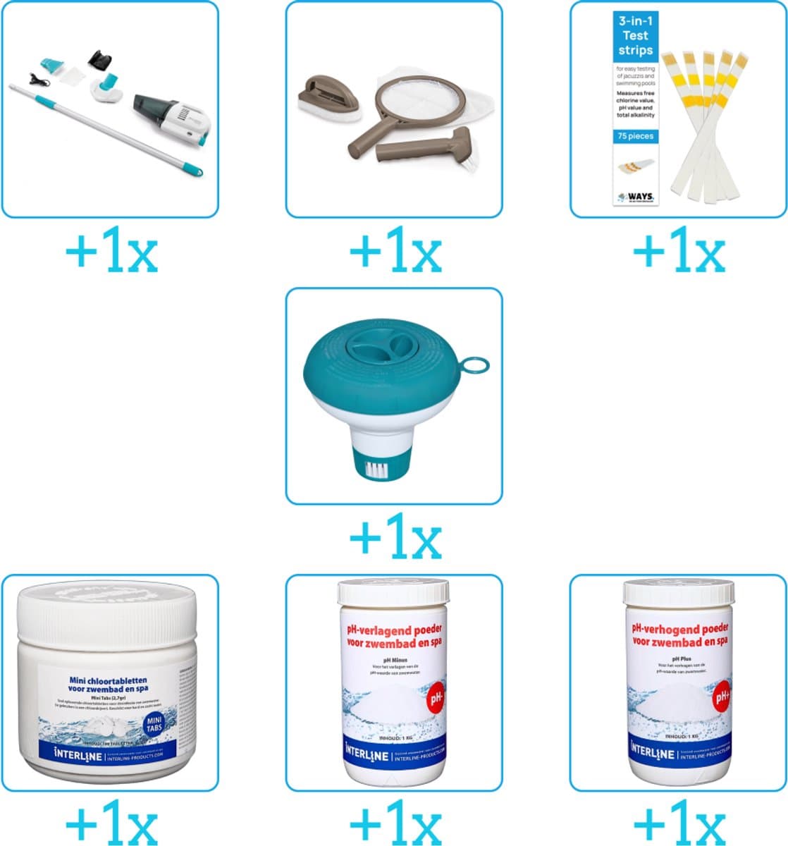 Zwembad Onderhoudspakket - Onderhoud Zwembad - bevat Stofzuiger - Scrubpad - Schepnet - Borstel - Testrips - Chloordrijver - Chloor - PH-min en PH-plus (7-delig)