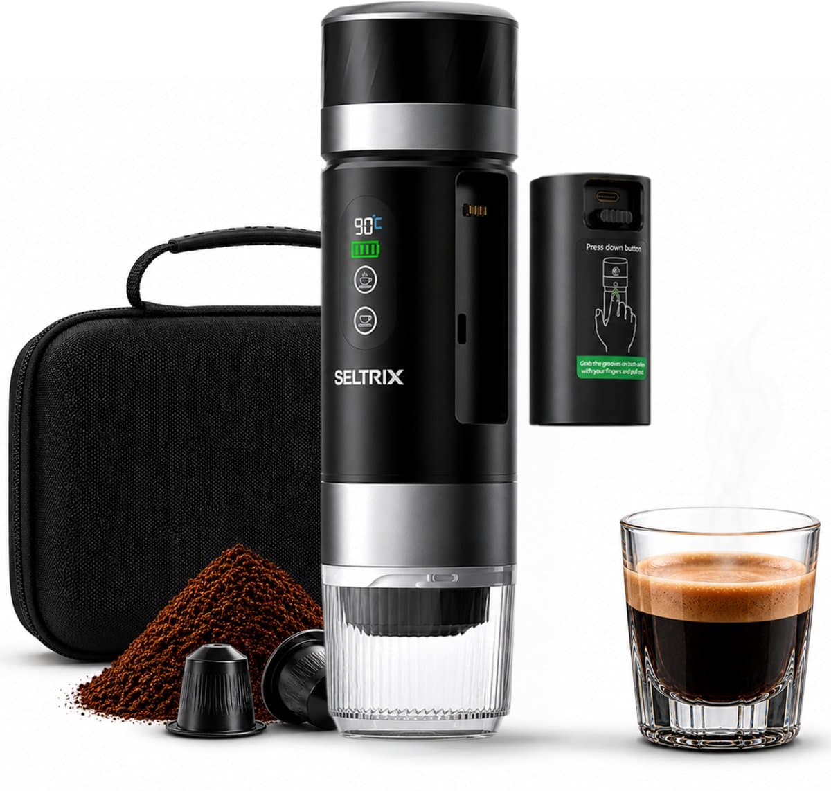 Draagbare koffiemachine - Verwisselbare Accu - 20 Bar - Inclusief Beschermhoes - Espressomaker voor Onderweg - 150 ml - 7500 mAh Oplaadbaar - Draagbaar koffiezetapparaat - Cups & Gemalen Koffie - Camping & Reizen - Espresso & Lungo - Seltrix - Zwart