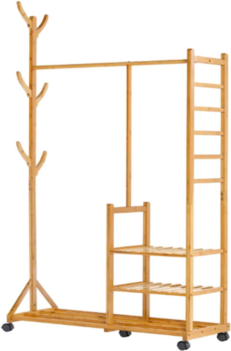 Bamboe Kledingrek Met Zijhaak Kapstok Houten Design Met Haken Opbergplanken Met Wielen Vrijstaand Garderoberek Met Kledingstang Schoenenrek Bamboe