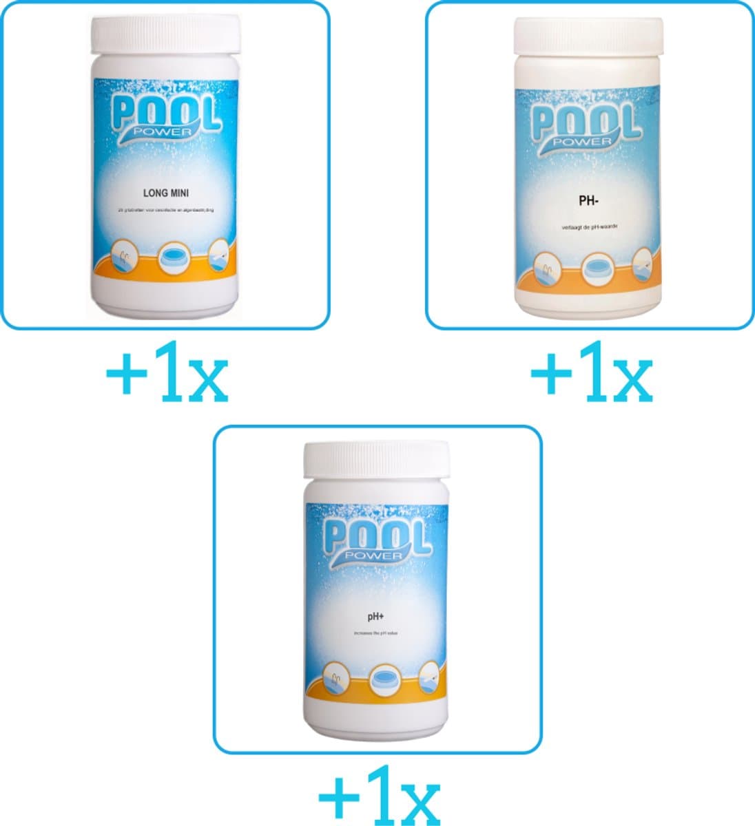 Zwembad Onderhoudspakket - Onderhoud Zwembad - bevat Chloor - PH-min en PH-plus (3-delig)
