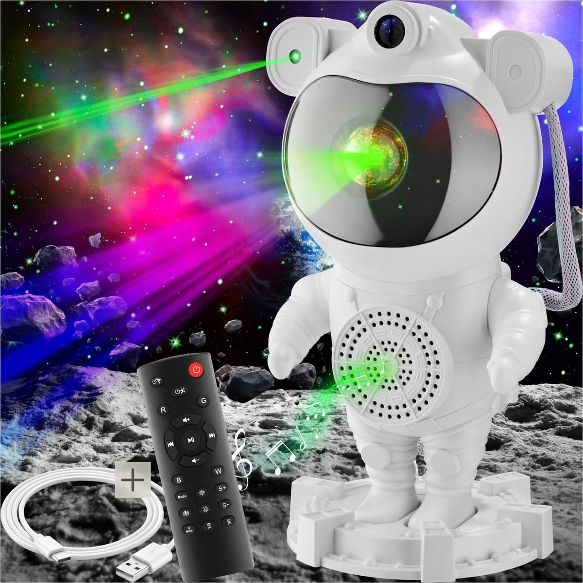 tectake® LED Sterrenhemel Projector - Astronaut Nachtlampje - Kinderlamp - Sterrenlamp voor Kinderen - Galaxy Projector met Timer - Inclusief Bluetooth en Muziekfunctie - 360° Draaibare Lamp met Sterren, Maan en Nevel