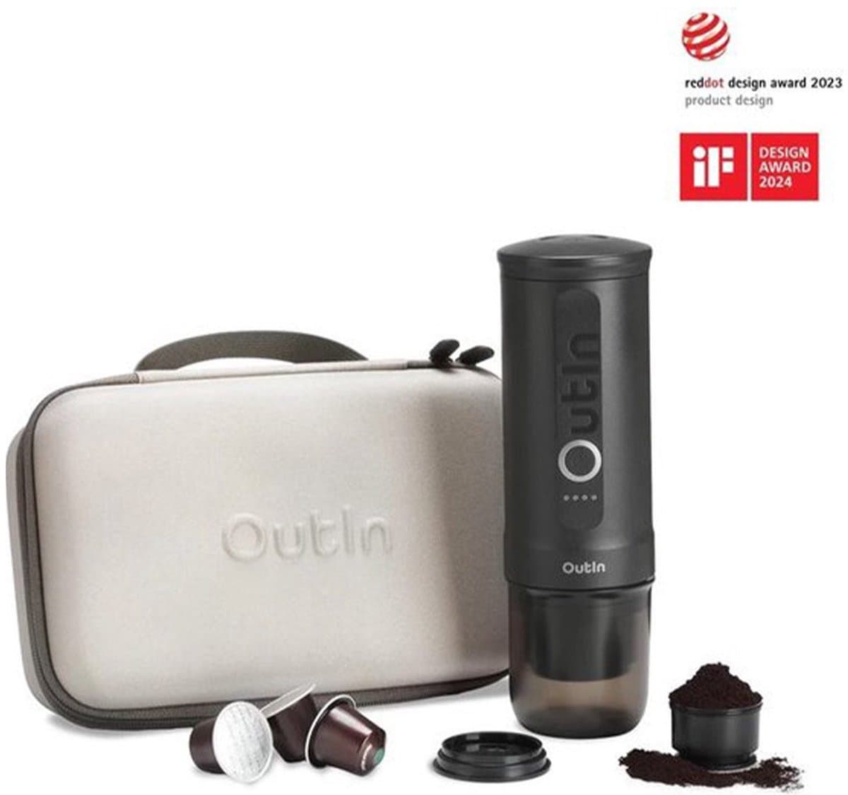 Outin - Draagbare Elektrische Espressomachine met Beschermkoffer | Koffiezet apparaat voor Onderweg | Capsules & Gemalen Koffie | Portable Espresso Machine | Cadeauset | 20 bar | Draagbare Koffiemachine | Reis & Camping Koffiezetapparaat | 12 volt