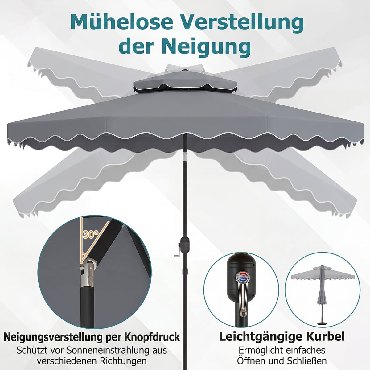 COSTWAY 300 cm parasol met dubbel doek, tuinparasol met draaihendel en volant, 30° kantelbaar aan beide zijden, terrasparasol, marktparasol voor tuin, balkon, terras (grijs)