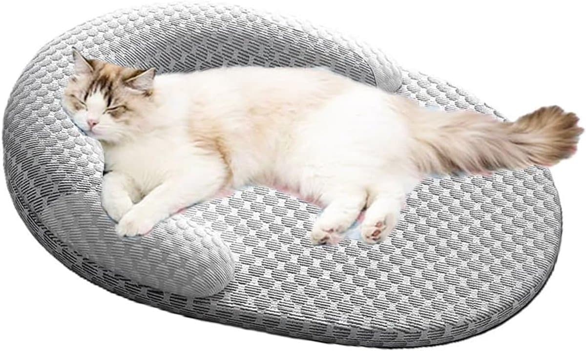 OLOEY Zomers verkoelend kattenbed voor binnenkatten-orthopedisch hondenbed met nekondersteuning-ademend en wasbaar huisdierbed met antisliponderkant-Rustgevend knuffelbed voor katten-honden-puppy's en kittens-Grijs(L)
