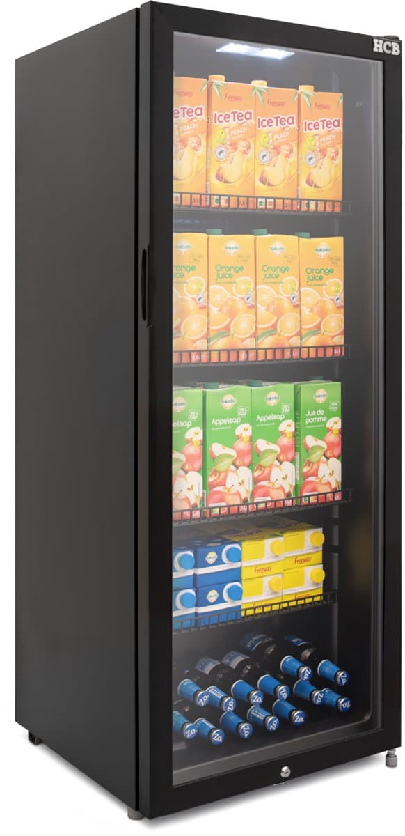 HCB® - Professionele Horeca Glasdeur koelkast - 248 liter - zwart - 230V - Energiezuinige koeling met glazen deur - Flessenkoelkast - Drankenkoelkast - Energielabel C - 56x54x140.7 cm (DxBxH) - 52 kg - Frigo - 5100