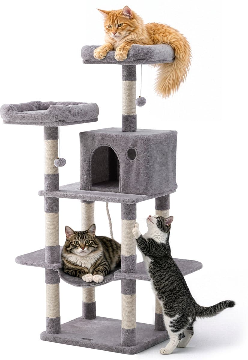 Jake and Jacky Krabpaal voor Katten - Kattenkrabpaal - Krabmeubel - Kattenboom - Krabpalen - Kattenhuis - Lichtgrijs - 147 cm Hoog