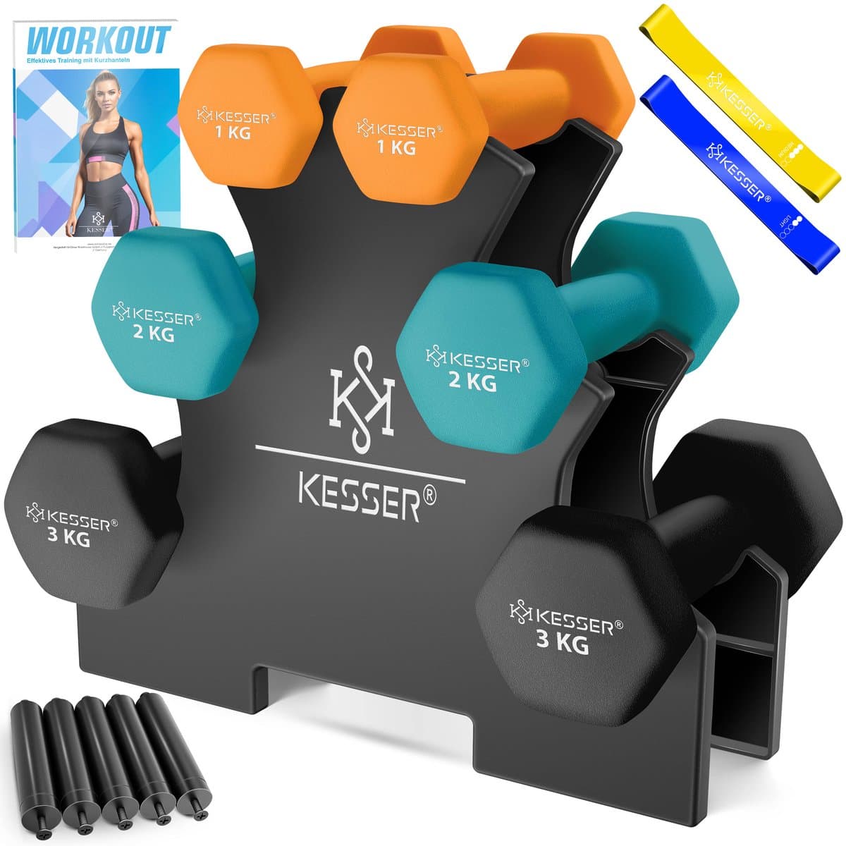 KESSER® Dumbells Set 3 Paren (2x 1, 2 & 3kg) = 12 kg totaal | 6x Dumbbells verstelbaar Geschikt voor Fitness Zumba & Aerobics | Halters Gewichten Set met Standaard | Halterset met oefeningenboekje, 2x fitnessbanden