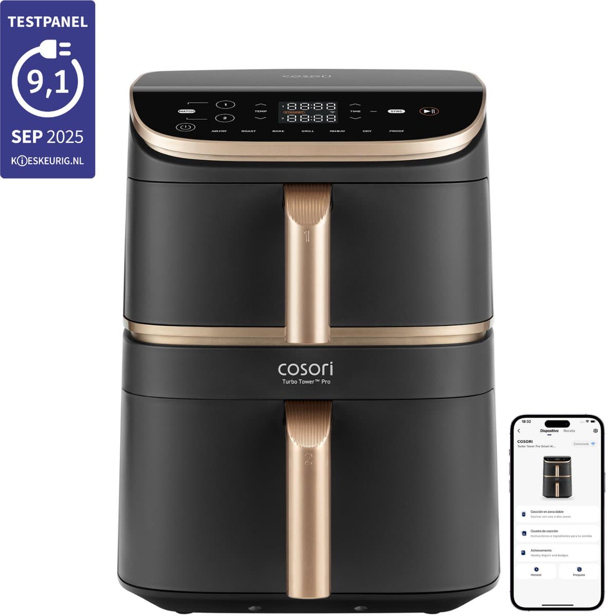 Cosori TurboTower Pro – Dubbele Airfryer XXL – 10.8L – Keramische Coating – 2 Manden Apart Instelbaar – 7 Programma’s