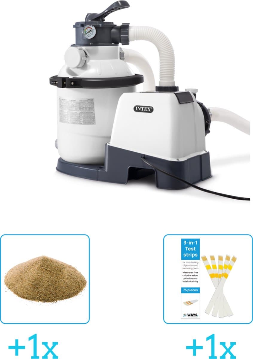 Intex 26644GS Zandfilterpomp - SX1500 - 4000 liter per uur inclusief Interline Vulling Zandfilter 0.4/0.8mm - Zwembad-Toebehoren - 25 kg (1 stuks) & WAYS Testrips (1 stuks)