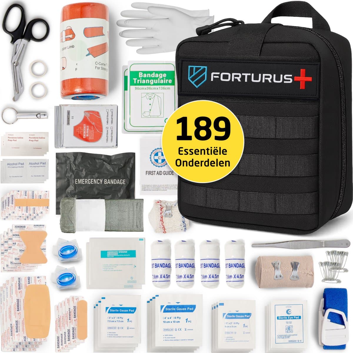 Forturus® Trauma EHBO Kit 189-delig – Professionele EHBO Set & Verbanddoos met Trauma-drukverband, Spalk, CPR-masker & Trauma-schaar in MOLLE-pouch voor Noodpakket, Auto, Thuis & Outdoor