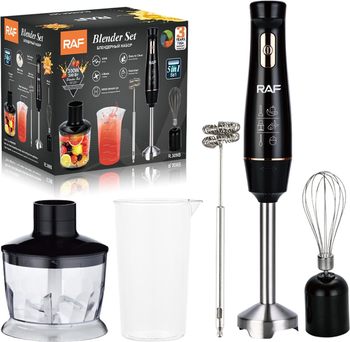 RAF - Staafmixer Set - 5-in-1 - Hand Blender - Elektrische Handmixer - Klopper - Staafmixer - BPA-vrij - Extreem Krachtig - Hakmolen - Garde - Maatbeker - Mengstaaf - Ook voor IJsklontjes - Complete Set - Melkopschuimer - Foodprocessor