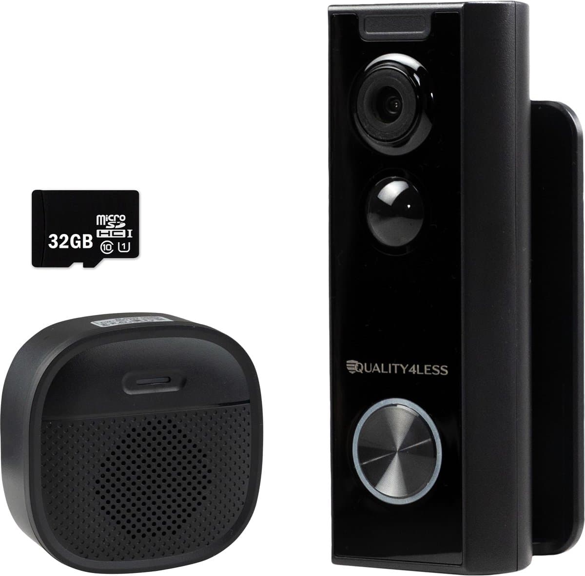 Quality4Less™ - Slimme Draadloze Video Deurbel met camera - 3MP Ultra HD - Wifi deurbel - Zonder abonnement - Incl. draadloze gong en 32GB SD-Kaart - (T-ring geluid) - Zwart