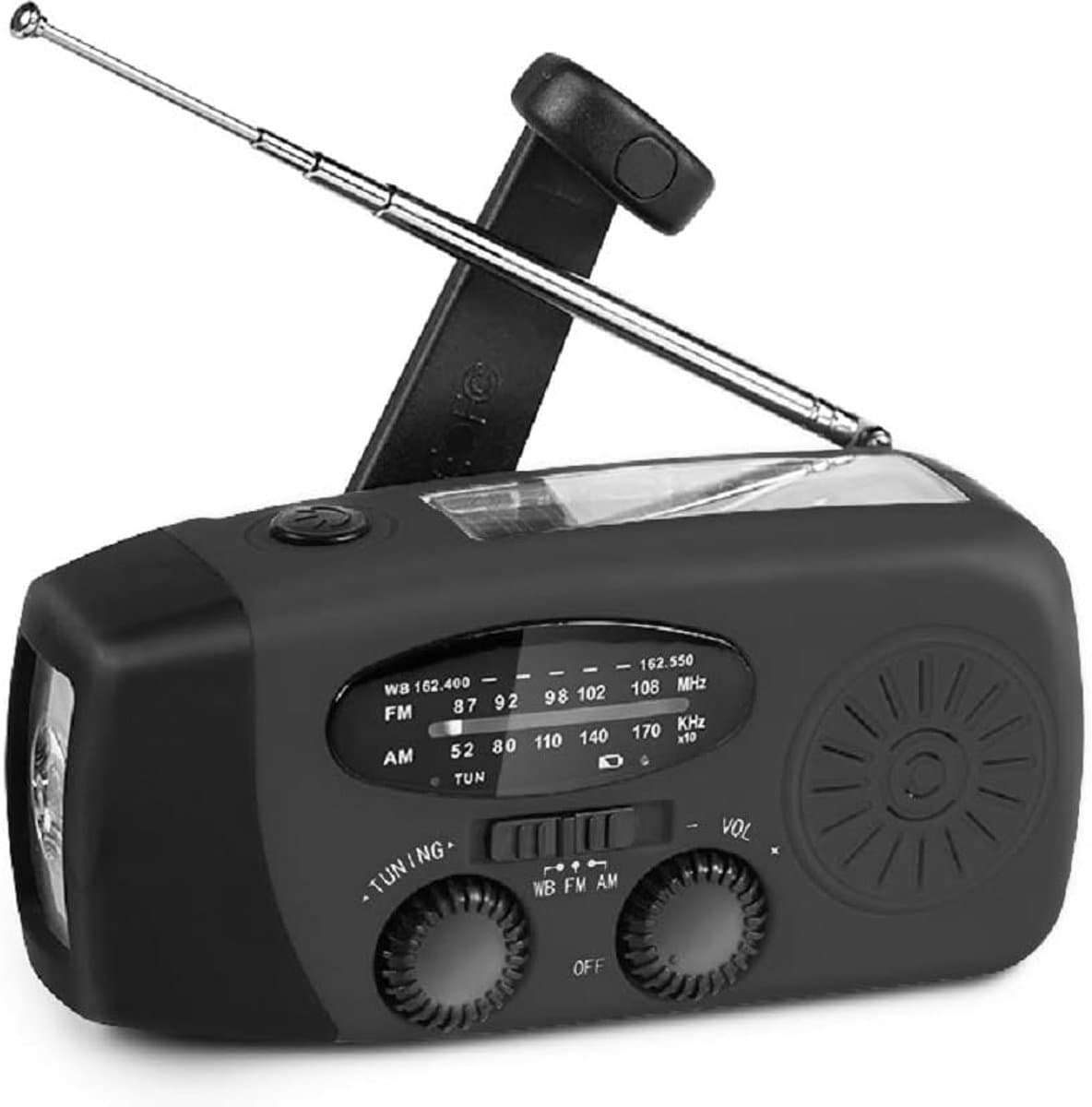 FM/AM/WB - Solar - Zaklamp - Powerbank- mini-noodoverlevingsradio op zonne - Noodradio Op Batterijen -energie - met 3 LED's Superheldere zaklamp 2000mAh batterij - aangedreven powerbank Smartphone-oplader - zwart