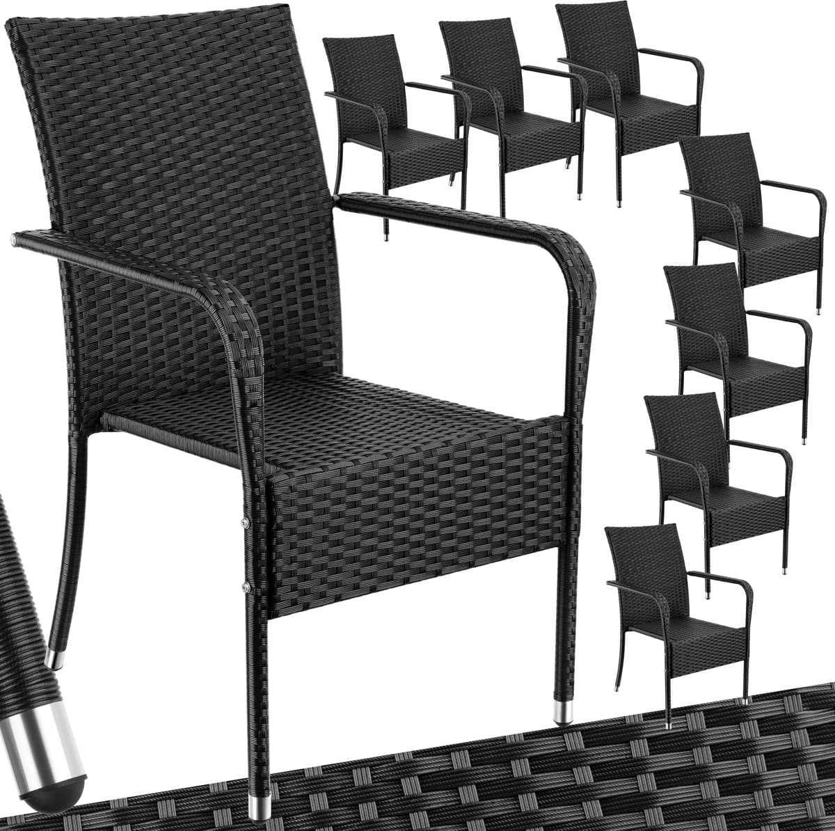 tectake® Tuinstoelen Girona - Terrasmeubilair - Set van 8 - Wicker Tuinstoel met Armleuning - Stapelbaar -Tuinset Stoelen voor Tuin, Terras of Balkon - Draagkracht 120 kg per Stoel - Verkrijgbaar in div. sets