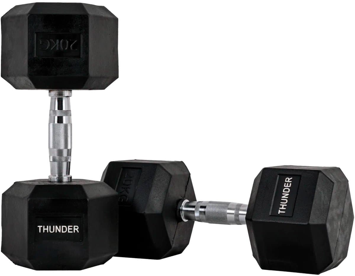 THUNDER® HEXAGONAL-DUMBBELLS-20KG Zwarte Rubberen Halter Stalen Kern Voor Krachttraining & Fitness Antislip Duurzaam & Professioneel Per Stuk - Stevige Grip