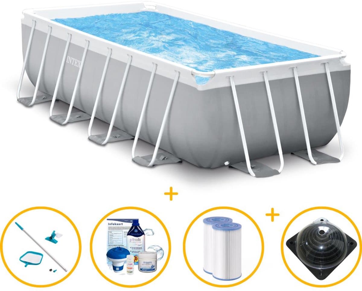 Intex Prism Frame zwembad 488 x 244 x 107 | Rechthoekig | Zwembadpakket | Filterpomp | Chloorpakket | Onderhoudsset met schepnet | 2 x filtercartridge | Solar bol