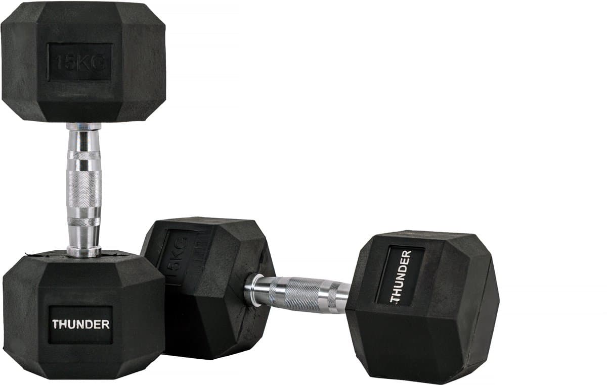 THUNDER® HEXAGONAL-DUMBBELLS-15KG Zwarte Rubberen Halter Stalen Kern Voor Krachttraining & Fitness Antislip Duurzaam & Professioneel Per Stuk - Stevige Grip