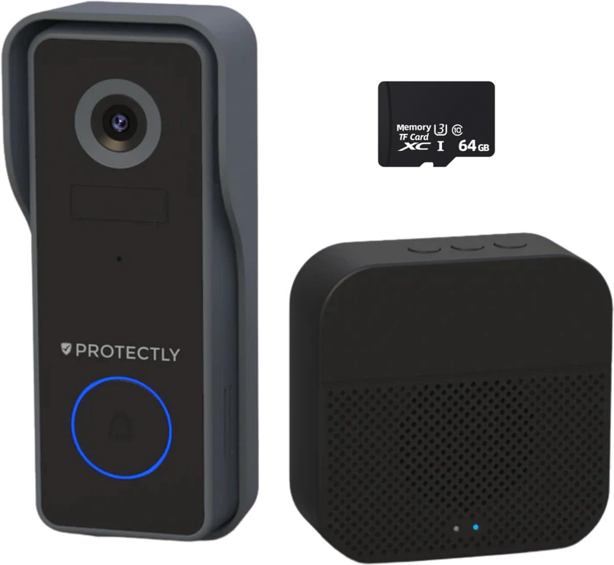 Protectly® 2K Ultra HD Slimme Draadloze Video Deurbel Met Camera - Geen abonnement - Deurbellen Met Camera - Deurbel Draadloos WiFi - Waterdicht - Incl. Gong (T-ring geluid) - Incl. 64GB SD